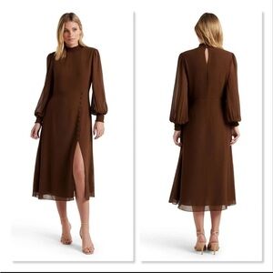 High Neck Midi Dress in Cinnamon EVER NEW Size 0 Blouson sleeves Button‎ Detail